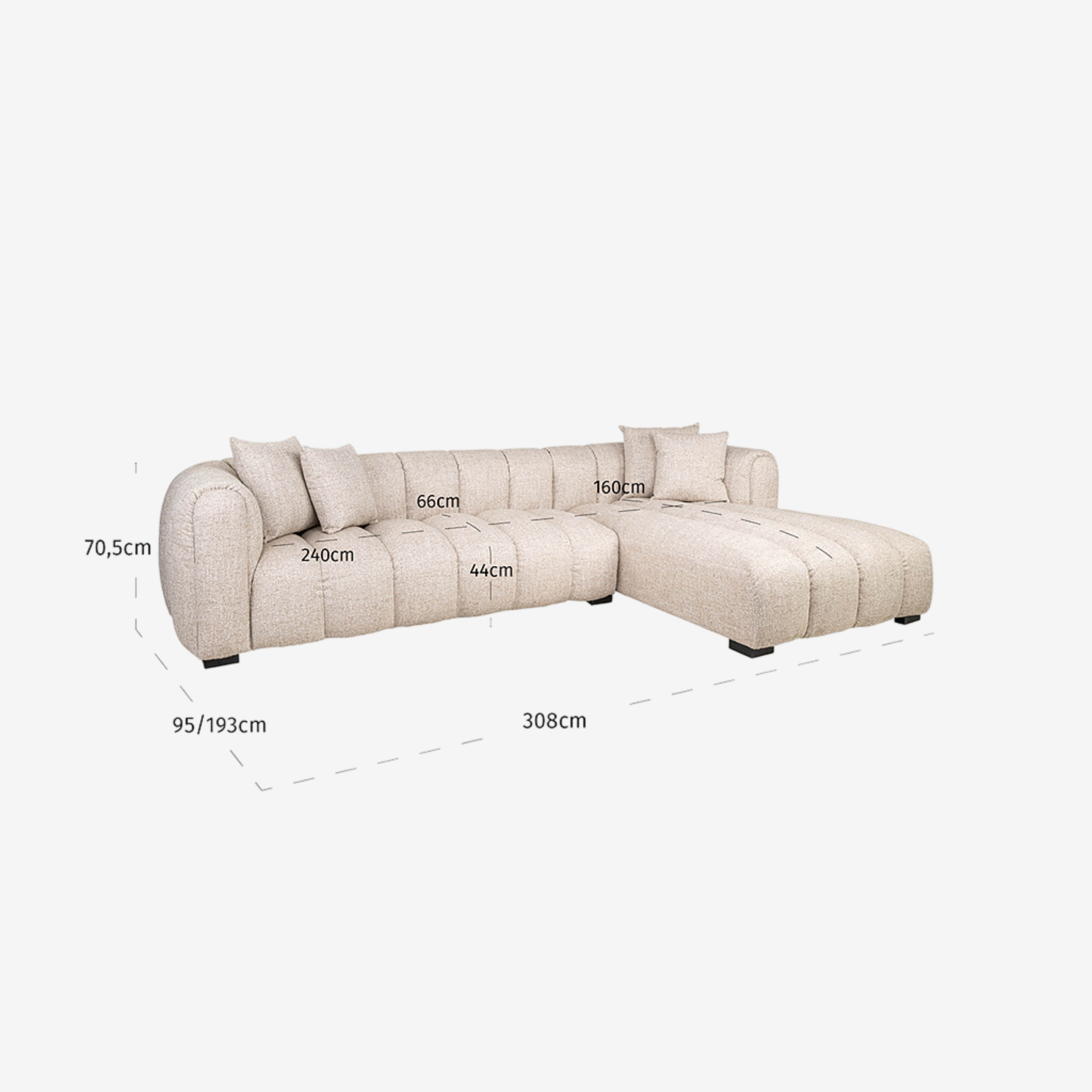 Sofa Novaro cream tweed – rechte Lounge, feuerhemmend